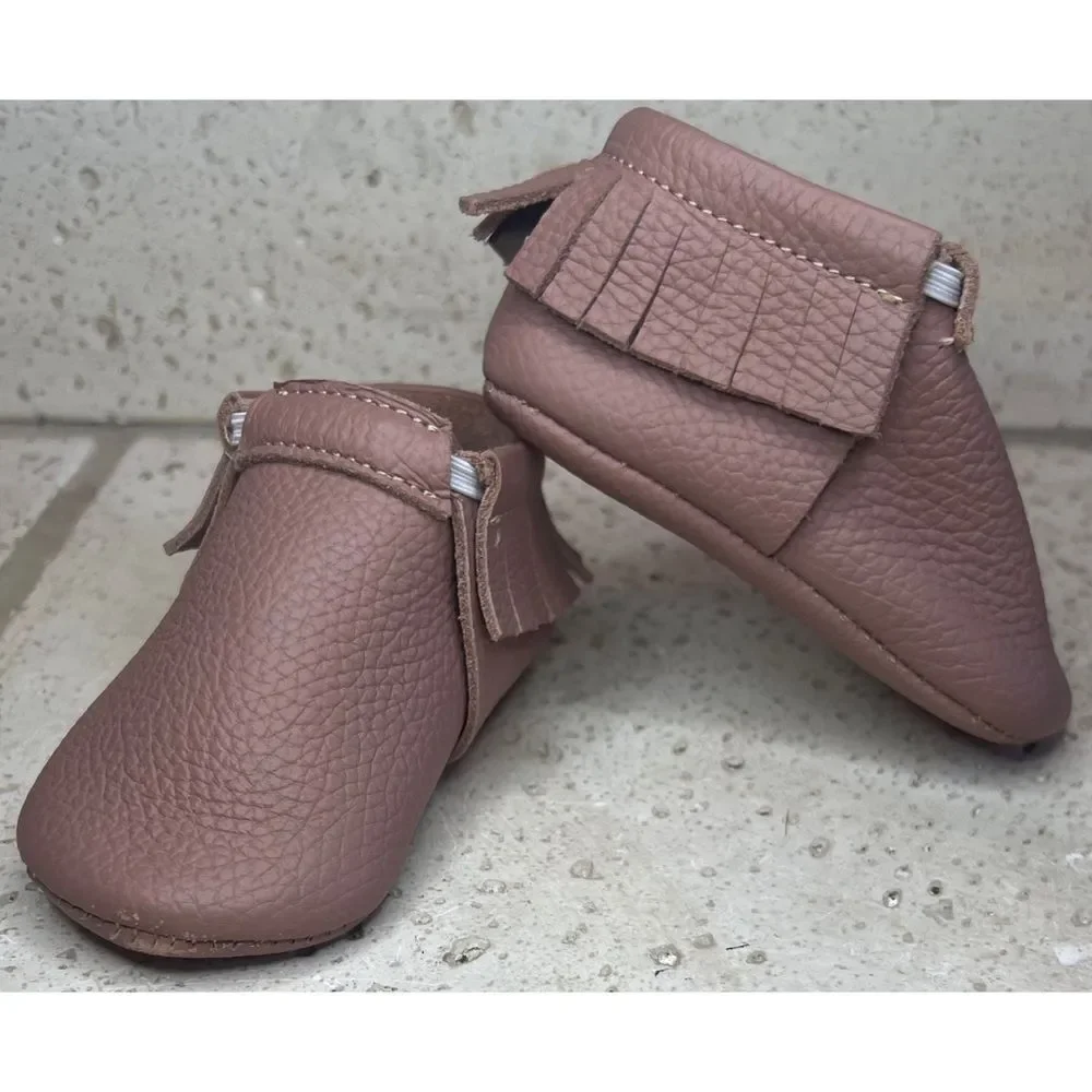 Olive & Annie Handmade Leather Infant Moccasins With Fringe Brown Sz 2 Baby Shoe